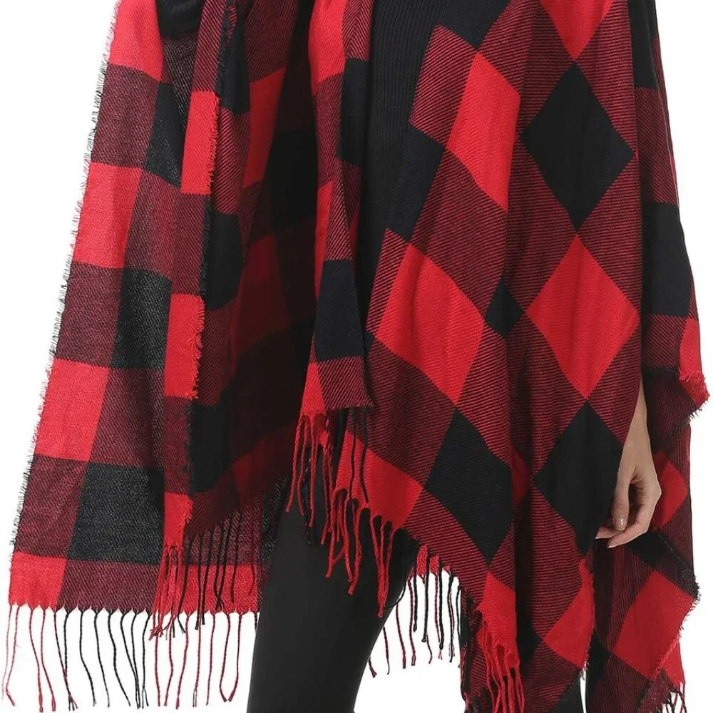 Women's Warm Shawl Wrap Open Front Poncho Cape Color Block Shawls Winter Cardiga - Picture 5 of 7